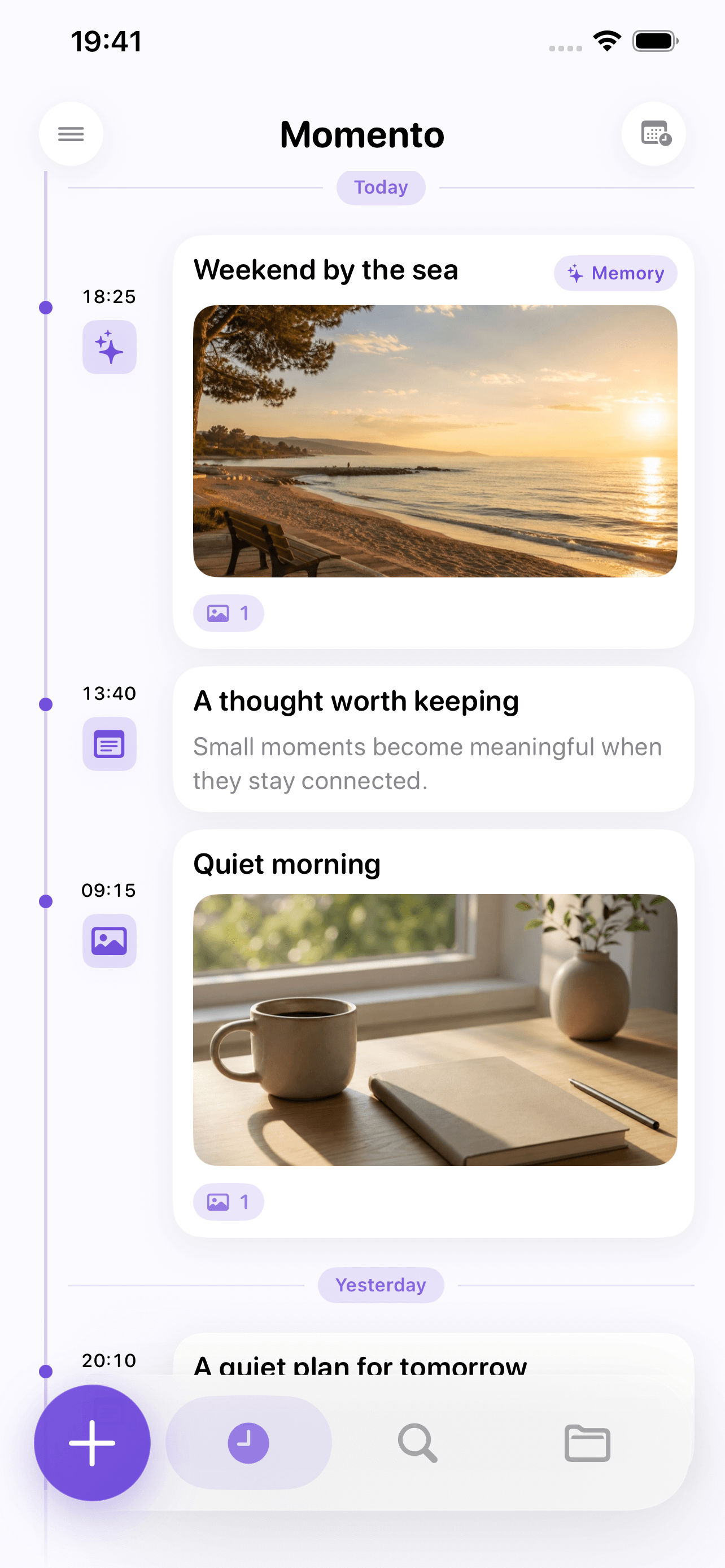 Momento: Life app screen showing a personal timeline with saved moments